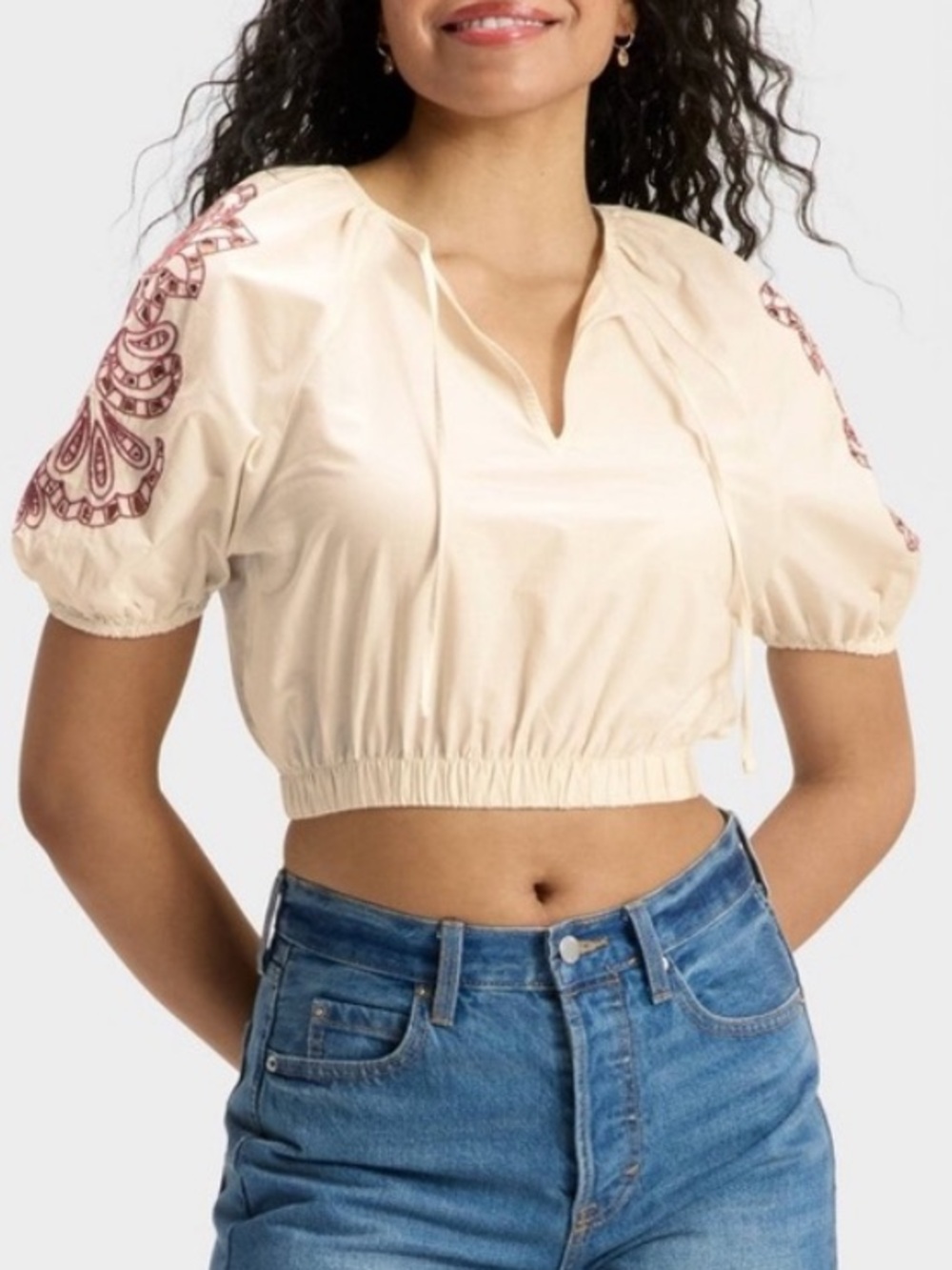 Universal Thread Cream Floral Balloon Elbow Sleeve Eyelet Blouse Top